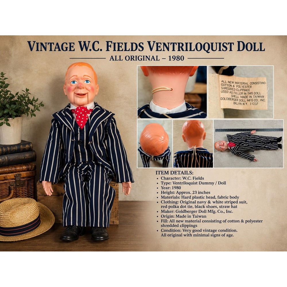 Vintage Goldberger Juro Ventriloquist Doll Striped Suit Straw Hat 30 Inch‎ Dummy
